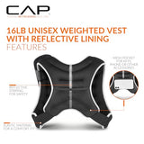 CAP 16LB Weighted Vest Black – Unisex Workout Vest with Reflective Stripes, Phone Pouch, and Adjustable Fit for Walking, Running, Cardio, Strength Training