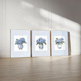 3Pcs Blue Hydrangea Chinoiserie Wall Art Blue and White Stripe Vase Wall Decor Pictures Trendy Preppy Aesthetics Floral Posters Prints for Dorm Apartment Woman Bedroom Decoration Unframed 12x16in