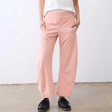 SeeLuNa Women Barrel Travel Pants Elastic Waistband Tapered Leg Baggy Mid Rise Work Trousers Lounge Pant with Pockets(Pink,XL)