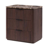 Curved Fluted Nightstand Set of 2, Faux Marble Top, Dark Oak