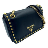 Prada Blue Black Glace Leather Studded Trim Crossbody Handbag 1BD147