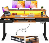 55 Inch Height Adjustable Gaming Desk with Power Outlets & LED Lights
