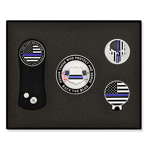 PinMart's Thin Blue Line Flag Golf Essentials Gift Set, Golf Divot Tool, Hat Clip, Magnetic Ball Markers + More