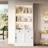Merax Modern Bookcase with Sliding Doors,83.4" Tall Bookshelf with Open Shelves and LED Lighting,Storage