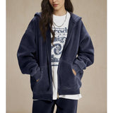 Talakeno Mens Womens Fleece Hoodies Sweatshirt Double Zip Up Oversized Acid Wash Hoodies Winter Vintage Cotton Sweatshirt(Navy-Blue,S)