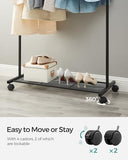 SONGMICS Clothes Rack with Wheels, Clothing Rack for Hanging Clothes, 25.4 mm Metal Garment Rack with Dense Mesh Storage Shelf, Black UHSR25BK