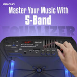 Dolphin 12-Inch Rechargeable Bluetooth Party Speaker – High Power Sound, TWS Compatibility, LED Lights, 5-Band Equalizer, Portable Design with Trolley and Wheels