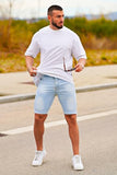 GINGTTO Mens Denim Shorts Slim Fit Stretch Jean para Hombre Corto for Men Light Blue 33