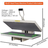 WUMSTOT Heat Press Machine 16x32: Large Format 2600W 110V Manual Clamshell Heat Transfer Press for T-Shirts