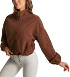 BOWOXO Cropped Fleece Winter Hiking Jacket for Women Cozy Fleece with Secure Side Pockets with 3F Zipper Long Sleeve Windproof Coat（Coffee，XL）
