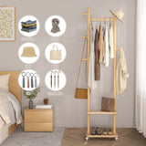 Solid Wood Coat Rack Freestanding Clothing Rack with Wheels & 2 Shelves Storage & 5 Hooks Heavy Duty Clothes Rack Wood Coat Tree Stand