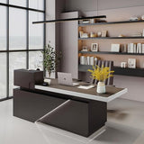 SAINTCY 86" Executive Desk with Drawers - L Shaped Desk with File Cabinet, Black Executive Office Desks with LED Light