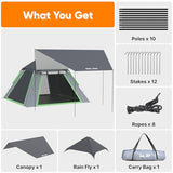 Golabs 3 Person Camping Tent w/ 9.5x8.5 ft Canopy, 3-Minute Setup by Pre-Attached Pole, PU1500mm Waterproof, 4 Side Mesh Tent Top & Door & Ventilation, Portable Family Tent w/Carry Bag & Pocket & Hook