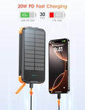 SOXONO Solar Charger Power Bank, PD 20W Fast Charging External Batter, 40000mAh Portable Phone Charger Built in 4 Cables with Dual Bright Flashlights for Camping, Hiking, and Outdoor Use