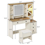 AOGLLATI Farmhouse Vanity Desk with Mirror and Lights, Makeup Vanity Set with Lights & Jewelry Cabinet & 5 Drawers, Vanity Table with Charging Station, Hidden Storage Space for Bedroom, Antique White