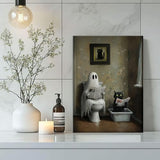 Funny Halloween Ghost and Black Cat Bathroom Canvas Wall Art Gothic Ghost on Toilet Wall Decor Picture Humor Toilet Posters Prints Dark Academia Aesthetic Decoration 12x16in