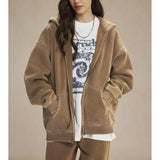 Talakeno Mens Womens Fleece Hoodies Sweatshirt Double Zip Up Oversized Acid Wash Hoodies Winter Vintage Cotton Sweatshirt(Brown,L)