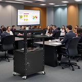 AV Presentation Cart Stand with Locking Cabinet, Steel Rolling Metal Cart on Wheels with Keyboard Tray & 16.