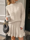Tankaneo Womens 2 Piece Sweater Skirts Set Chunky Cable High Neck Long Sleeve Sweaters Ruffle Mini Skirt Lounge Set