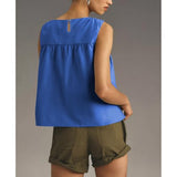 Hixiaohe Shirred Swing Tank Tops for Women Fashion Flowy Sleeveless Shirts Casual Crew Neck Blouse Loose Fit Ruffled Tops(Dark-Blue,S)