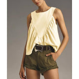 Hixiaohe Shirred Swing Tank Tops for Women Fashion Flowy Sleeveless Shirts Casual Crew Neck Blouse Loose Fit Ruffled Tops(Yellow,XS)