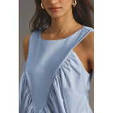 Hixiaohe Shirred Swing Tank Tops for Women Fashion Flowy Sleeveless Shirts Casual Crew Neck Blouse Loose Fit Ruffled Tops(Light-Blue,S)