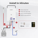 CAMPLUX First F10 Tankless Water Heater with 3-Level Adjustable & Foldable Handle, 2.64GPM, Screw-Free Design, 68,000 BTU Outdoor Portable Propane Water Heater for Camping, LED Digital Display, White