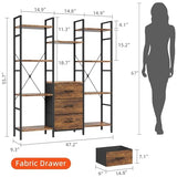 Triple Bookshelf with 3 Fabric Drawers, 4-Tier Book Shelf and 10 Display Shelves