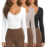 Talakeno Womens Ballet Wrap Tops Cropped Long Sleeve Self Tie Front Shirt Y2K Workout Yoga Pilates Dance Cover Up Blouse(Black+Light Coffee+White,XS)