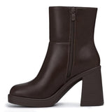 Athlefit Women's Platform Ankle Boots High Chunky Block Heel Brown Boots Fashion Square Toe Zipper Heeled Booties Size 9.5