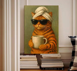 Funny Cat Bathroom Canvas Wall Art Cool Orange Tabby Cat Drinking Coffee Wall Decor Pictures Maximalist Preppy Aesthetic Posters Prints for Cafe Bar Bathroom Home Decoration 12x16in