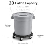 Getzi 8 Pack 20 Gallon Gray Round Commercial Trash Can with Lid and Dolly