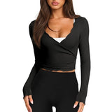 Talakeno Womens Ballet Wrap Tops Cropped Long Sleeve Self Tie Front Shirt Y2K Workout Yoga Pilates Dance Cover Up Blouse(Black,M2)