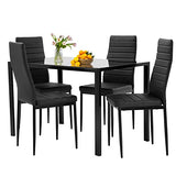 FDW | 5-Piece Dining Table Set | Black | Glass Kitchen Table with 4 Upholstered Chairs and Faux Leather Cushions | Space-Saving and Modern Design