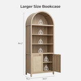 SICOTAS 84.2" Tall Arched Bookcase with Doors - 5 Tier Rattan Bookshelf
