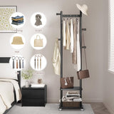 Solid Wood Coat Rack Freestanding Clothing Rack with Wheels & 2 Shelves Storage & 5 Hooks Heavy Duty Clothes Rack Wood Coat Tree Stand Hat Hanger Rack