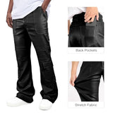 GINGTTO Mens Faux Leather Cargo Pants Bell Bottom Black 38