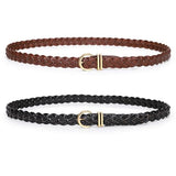 TRIWORKS 2 Pack Women's Leather Braided Skinny Belts Woven Thin Waist Belts for Jeans Pants Dresses