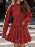 Tankaneo Womens 2 Piece Sweater Skirts Set Chunky Cable High Neck Long Sleeve Sweaters Ruffle Mini Skirt Lounge Set