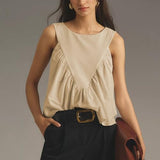 Hixiaohe Shirred Swing Tank Tops for Women Fashion Flowy Sleeveless Shirts Casual Crew Neck Blouse Loose Fit Ruffled Tops(Khaki,XS)