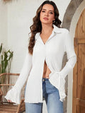 AUGCONE Women's Button-Down Shirts Casual V Neck Collar Long Blouses with Bell Sleeve(White, XXL