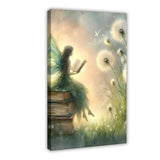 Aosarocc Fairy Reading on Old Books Wall Art, Enchanted Dandelion Fantasy Poster, Magical Woodland Girl Canvas Print for Living Room Decor 20x30inch(50x75cm) Frame-style