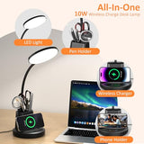 Vicsoon Desk Lamp with Wireless Charger, LED Desk Lamp for Home Office with Pen Holder, Dimmable Eye-Caring Study Desk Light