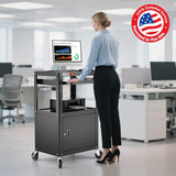 Steel Large AV Cart with Locking Cabinet - Adjustable Height Media Carts with Wheels, Pullout Tray, Power Strip for Mobile Work Station