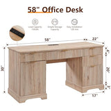 58" Modern Executive Desk with Storage, Wood Home Office Desk with 5 Drawers & 1 Cabinet, Fluted Computer Writing Desk, Oak
