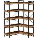 Rolanstar Bookshelf 5 Tier with 4 Hooks, Reversible Corner Bookshelf, 65" Industrial Wooden Bookcase, Rustic Brown