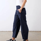 SeeLuNa Women Barrel Travel Pants Elastic Waistband Tapered Leg Baggy Mid Rise Work Trousers Lounge Pant with Pockets(Navy,S)