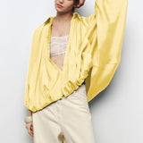 Talakeno Womens Puffed Bomber Jacket Casual Batwing Sleeve Lapel Collar Zip Shirts Oversized Pleated Streetwear Jackets(Yellow,XL)