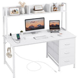 DLisiting White Computer Desk with Hutch & Drawers - Office Desk with 3 Storage Drawers and Power Outlets