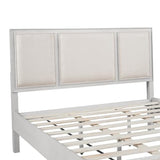 Queen Size Wooden Bed Frame with Upholstered Headboard, White Wood & Beige Fabric
